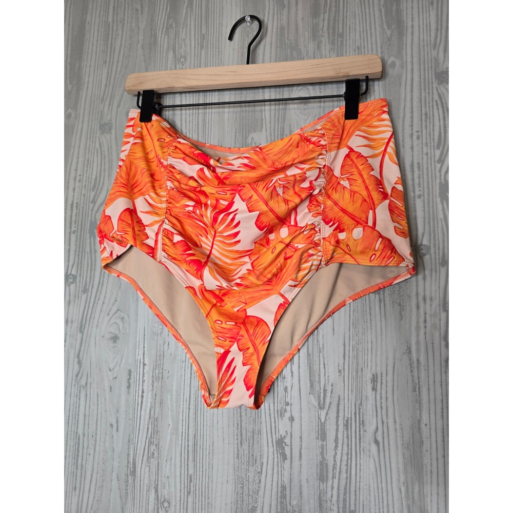 Kortni Jeane Orange Palm Print High Waisted Ruched Bikini Bottoms Womens XL